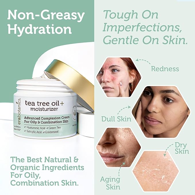 Era Organics Tea Tree Cream Face Moisturizer for Oily Skin - Advanced 7X Balancing Oily Skin Moisturizer - Non-Greasy Moisturizer - Tea Tree Oil for Skin
