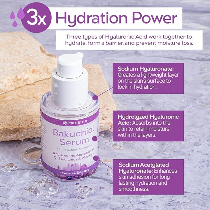 Tree To Tub Bakuchiol Face Serum - Gentle Hydrating Retinol Serum for Face with Hyaluronic Acid & Peptides for All Skin Types