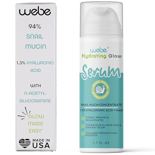 WEBE Snail Mucin 94% Hydrating Glow Serum | 1.3% Hyaluronic Acid & N-Acetyl Glucosamine | Collagen Boosting, Anti Aging, Intense Repairing & Moisturizing Serum for Radiant, Plump Skin