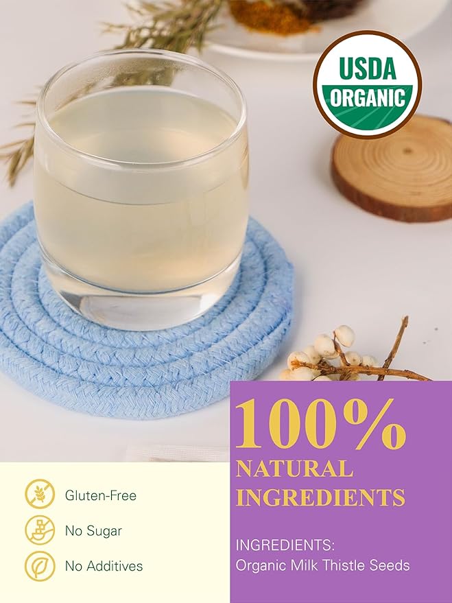 GLDNT Organic Milk Thistle Tea, Natural Organic Milk Thistle Seed Herbal Tea, Mild & Mellow Taste, Caffeine Free, 100 Count