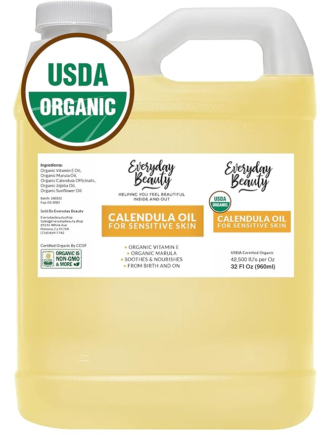 Organic Calendula Oil For Sensitive Skin -Bulk 32 Fl Oz- USDA Organic Certified 100% All Natural Plant Based, Lightweight & Unscented Gentle Soothing Oil For Sensitive Skin - For Face, Skin & All Over