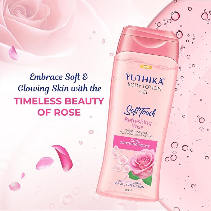 Yuthika Body Lotion Gel Refreshing Rose 300ml Pack of 1, Soft Touch Gel Body Lotion for Summer, Winter, Light Moisture for Face and All Skin Types, Rose Body Lotion