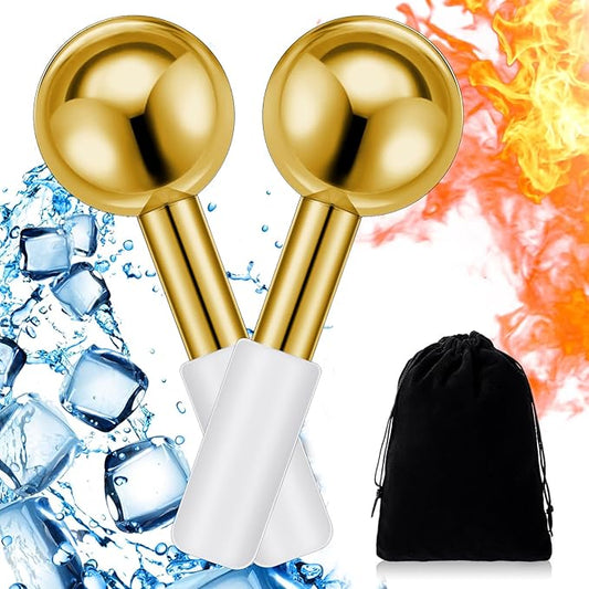 Baderke 2 Pcs Ice Globes for Face Stainless Steel Cooling Globes Unbreakable Cooling Roller Women Ice Balls Cryo Sticks Face Skin Care for Dark Circles, Puffiness(Gold (white Handle))