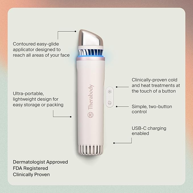 Therabody TheraFace Depuffing Wand – Cold and heat skincare treatment to depuff and glow; beauty wand, face roller and eye massager for dark circles and radiant skin, White