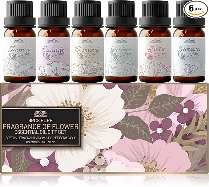 6 Pack Aromatherapy Essential Oils Set Diffuser for Home Care Lavender Jasmine Rose Chamomile Sakura Gardenia Fragrance of Spring Flower Essential Oil Gift Set for Candle Making 10ML