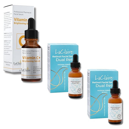 Skincare Duo: 2 Units of 8% Complex Retinol Face Serum 15 ml + 1 Unit of Vitamin C+ Serum, Anti-Aging, Brightening, Firming, Smoothing 30 ml