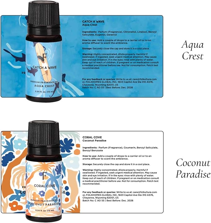 Folkulture Summer Essential Oils for Diffuser for Home | Set of 6 Premium Beach Oil Set | Oil Diffuser Summer Essential Oils for Candle Making Set for Women - Neroli & Grapefruit