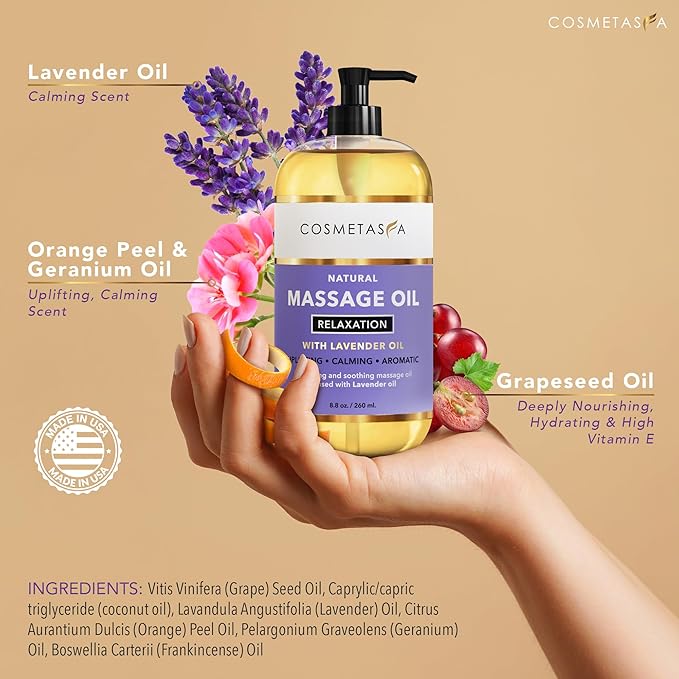Lavender Relaxation Massage Oil - No Stain 100% Natural Blend of Spa Quality Oils for Soothing, Calming, Aromatic Massage Therapy 8.8 oz by Cosmetasa