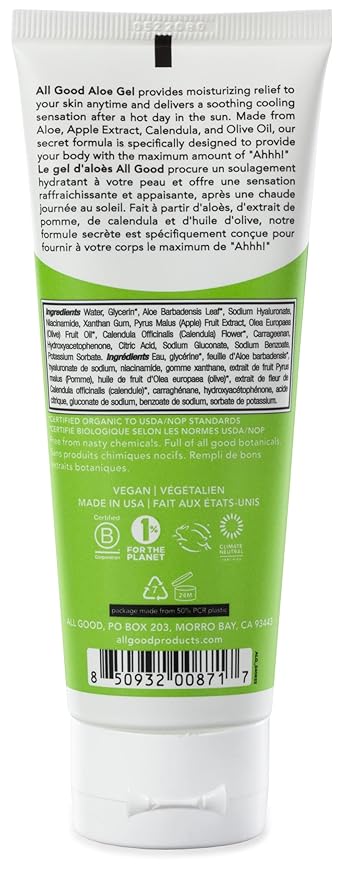 All Good Aloe Vera Gel | After Sun Lotion, Sunburn, Skin Repair | Moisturizing Organic Aloe for Skin Relief | Hydrating Hyaluronic Acid, Niacinamide (Vitamin B-3) Non GMO, Vegan | 3.7 oz (2-Pack)