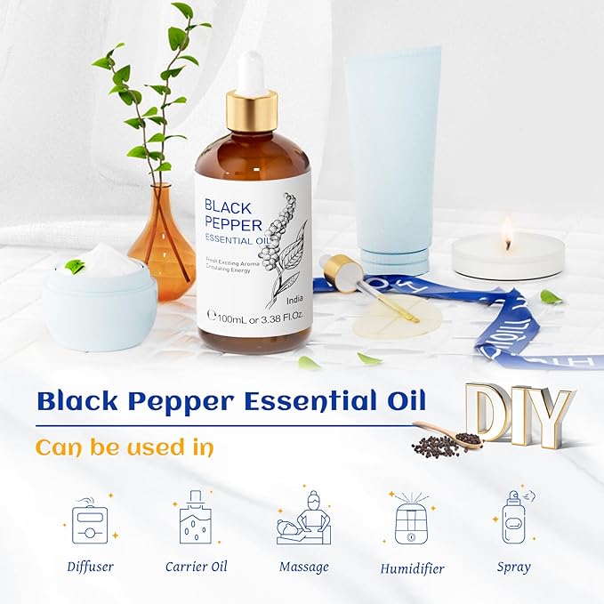 HIQILI Black Pepper Essential Oil for Aromatherapy & Diffuser - Natural Spicy & Warming Scent - Therapeutic Grade - 3.38 Fl Oz