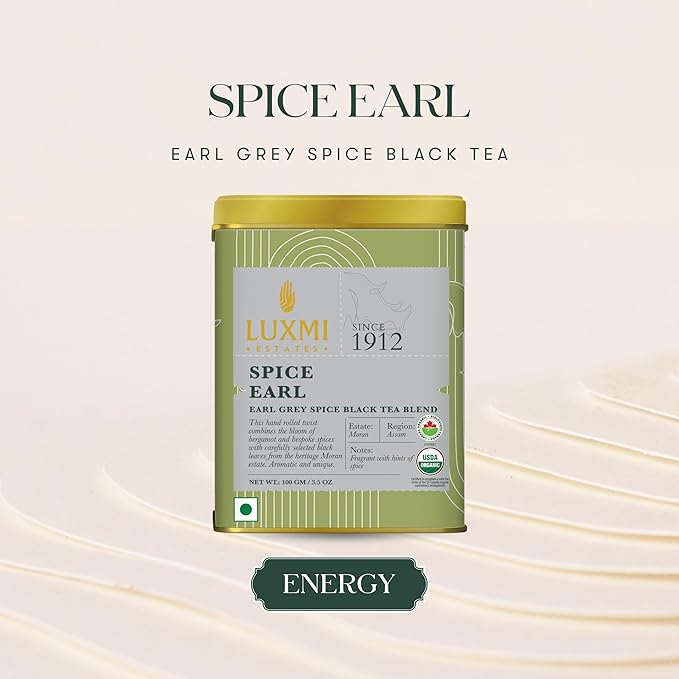 Luxmi Estates - Spice Earl - Spiced Earl Grey Tea - Loose Leaf - 100g (50 Cups) | Assam Black Tea with Natural Bergamot Extracts and Chai Spices | A Great Morning Cup as an Alternative to Coffee