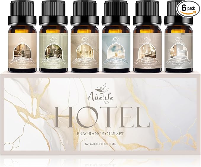 Hotel Essential Oils Set - 6 Premium Scents for Diffuser, Aromatherapy, Home, Spa, Candle Making, Fragrance Oil Set - Hotel Lobby, White Tea Thyme, Good Night, Jasmine Mint, Orange, Luxurious Night