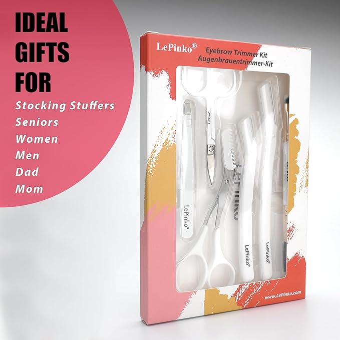 Eyebrow Trimmer Kit, 7 in 1 Eyebrow Scissors, Tweezer, Razor, Gromming Scissors Brush for Women Men, Gifts for Stocking Stuffers - White