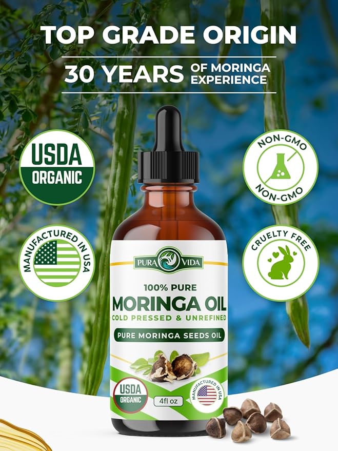 100% Pure Moringa Oil Organic for Face, Hair, Nails and Dry Skin - USDA Certified Single Origin Moringa Oleifera Seeds Extract - 3rd Party Tested, Cold Pressed & Unrefined Organic Moringa Seed Oil