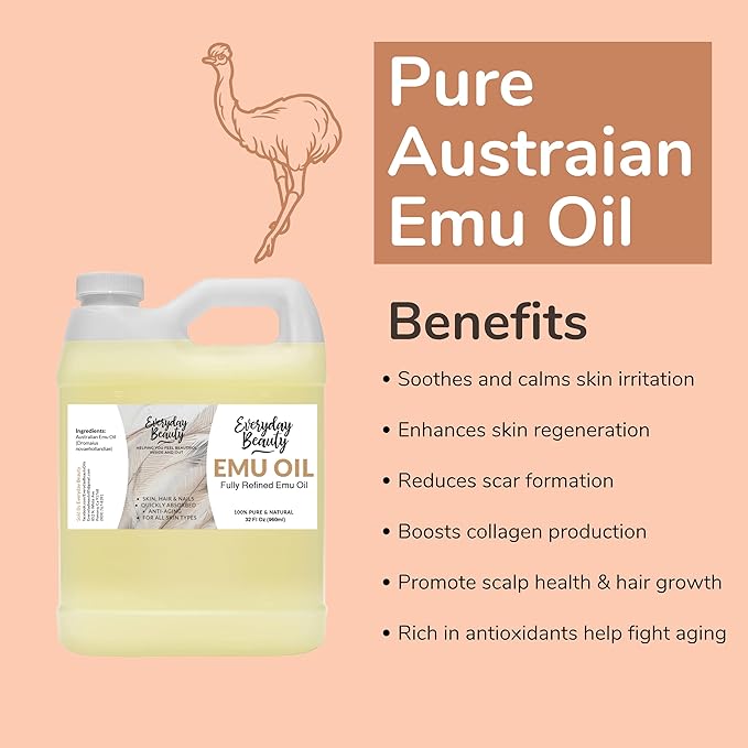 Pure Australian Emu Oil Bulk 32 Fl Oz - All Natural 6X Refined for Face, Skin and Hair - Highly Effective Hydration for Sensitive Skin and Hair Growth - Perfect for Scars and Blemishes