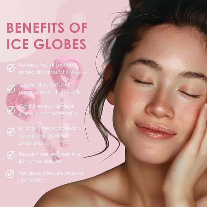 Ice Globes for Face and Eyes, Cooling Facial Facial Roller Balls, Beauty Massage Tools to Reduce Puffiness, Redness, Fine Lines, Cryo Facial Sticks for Home Spa Skincare Routine, Glitter Pink