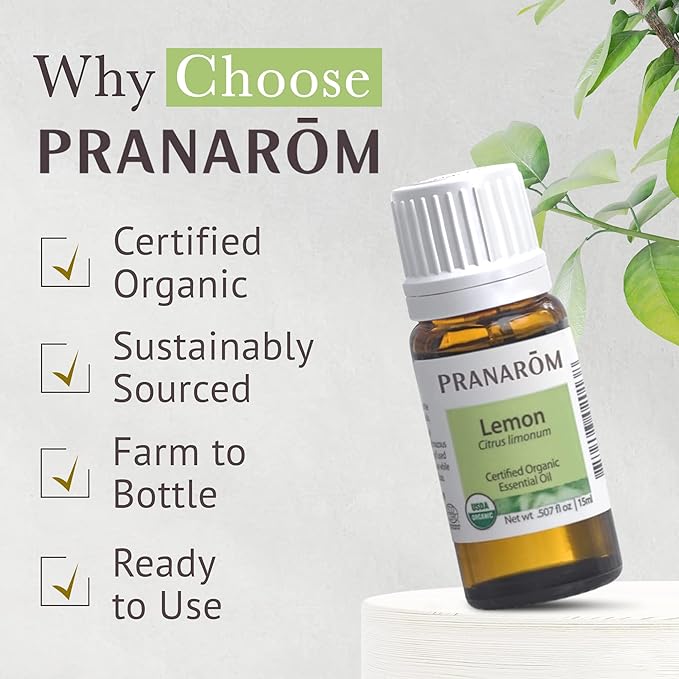 Pranarom USDA Certified Organic Lemon Essential Oil (15ml), 100% Pure Undiluted Therapeutic Grade from Argentina for Aromatherapy, Diffuser, DIY, Cleaning, Fresh Lemon Scent