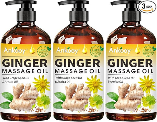 3 Pack Ginger Massage Oil with Arnica Oil,Vitamin E Oil and Grape Seed Oil,Ginger Oil for Lymphatic Drainage,100% Natural Ginger Essential Oil for Warming and Relaxing