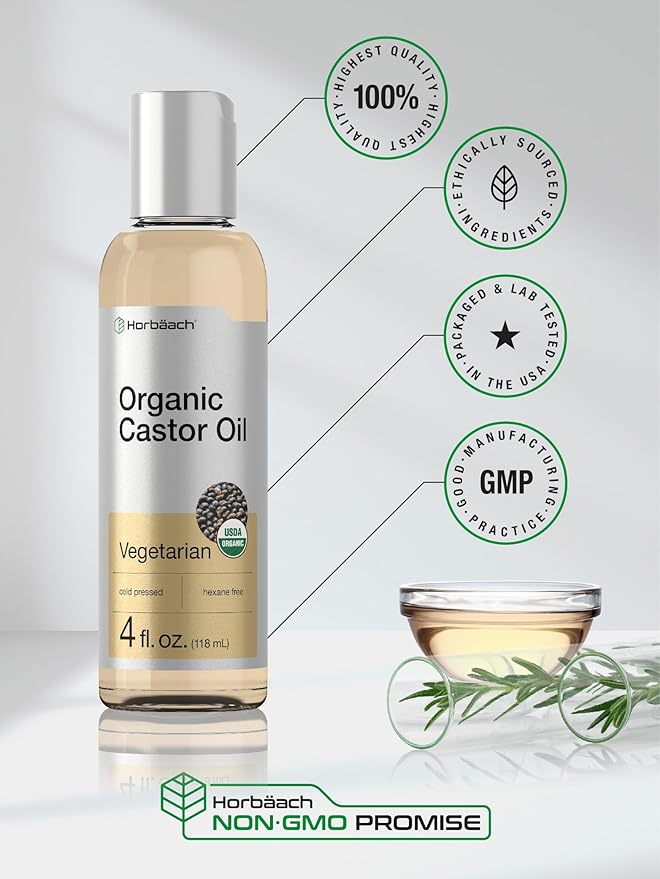 Horbäach Castor Oil Organic | 4 fl oz | Cold Pressed and Hexane Free | For Face, Hair, Eyelashes and Eyebrows | Vegetarian, Non-GMO Formula