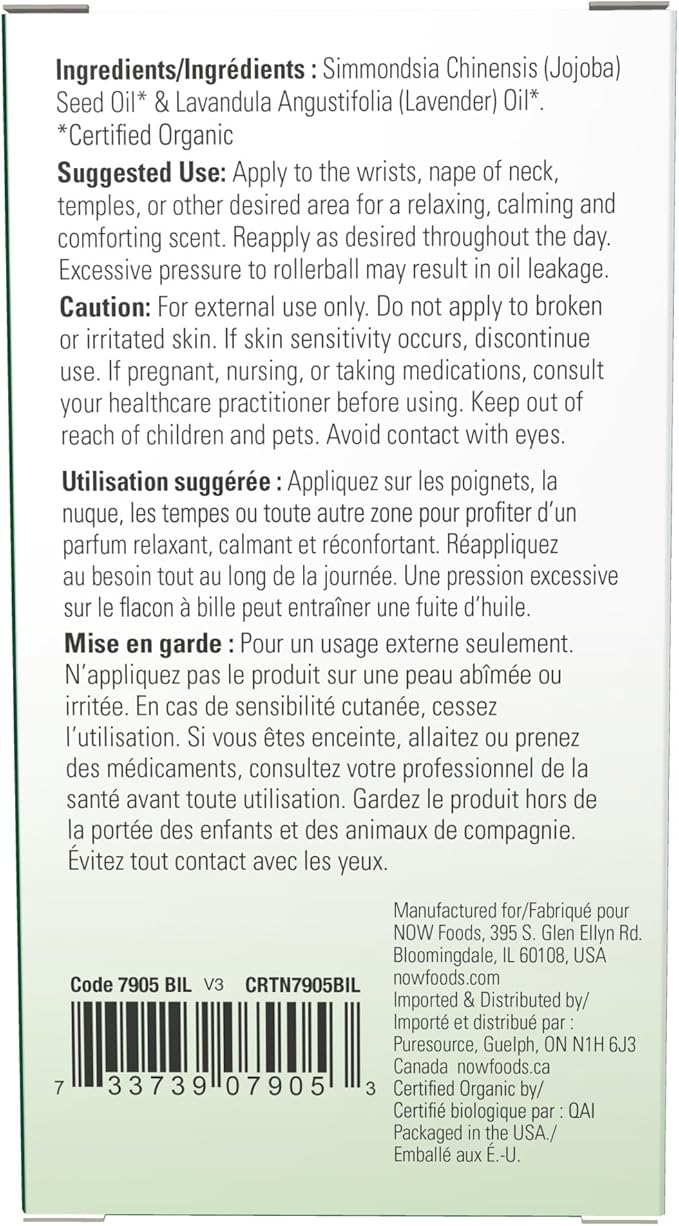 NOW Essential Oils, Lavender Roll-On, Certified Organic, Calming Blend, Steam Distilled, Topical Aromatherapy, 10-mL (Pack of 2)