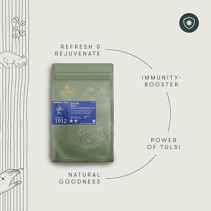 Luxmi Estates - Holy Basil - Organic Tulsi Tea - 50 Tea Bags | With Tulsi and Ginger | Provides Immune Support, Stress Relief and Uplifts Mood