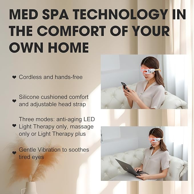 LED Red Light Therapy Eye Device, 3 Modes Red Light Eye Mask with Multi-Frequency Vibration + Red Light Therapy Massager Stick for Body and Face