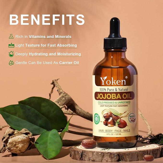 Jojoba Oil 4 fl oz EWG Verified Organic 100% Pure Jojoba Oil Cold Pressed for Skin, Hair, Nails, Cuticles - Unrefined & Hexane Free, Natural Moisturizer Carrier oils Facial Serum for Gua Sha