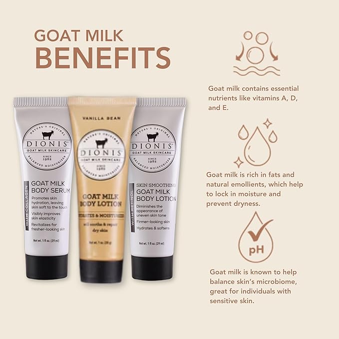 Dionis Goat Milk Skincare Body Care Set - Vanilla Bean Lotion, Body Lotion W/Retinol, Body Serum W/Collagen, Deep Hydration and Younger Skin