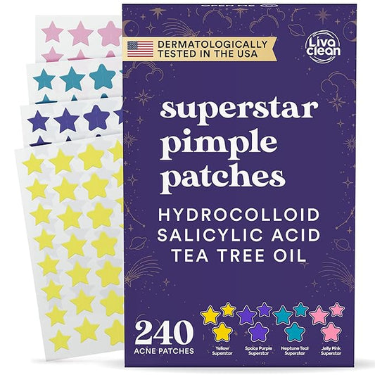 LivaClean Star Pimple Patches for Face w/Hydrocolloid, Salicylic Acid & Tea Tree, 240 Patches, Hydrocolloid Acne Patch, Cute Star Pimple Patch for Healing Stickers Zit Superstar