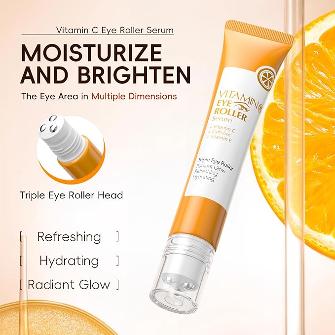 Easilydays Vitamin C Eye Cream & Under Eye Serum, Refreshing, Hydrating, Radiant Glow Eye Care Eye Roller Serum with 360° Massage Ball, Tightening Under Eye Serum for Women Reduce Wrinkles Fine Lines