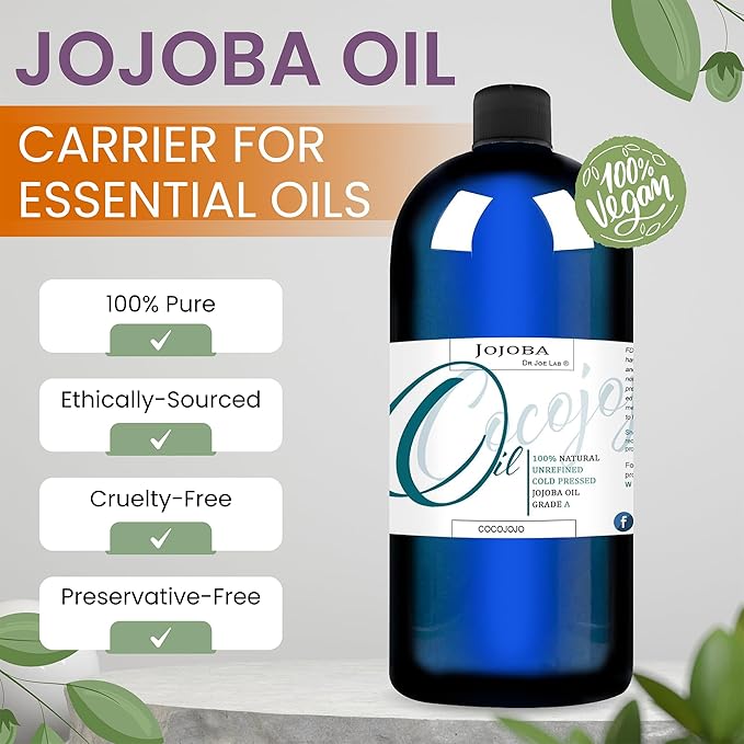 cocojojo Jojoba Oil Organic, Jojoba Oil for Hair Growth, Jojoba Oil for Skin, Jojoba Oil for Face, 100% Pure Natural, Cold Pressed, Deep Moisturizing Anti-Aging, Essential Oils - 32 Fl Oz