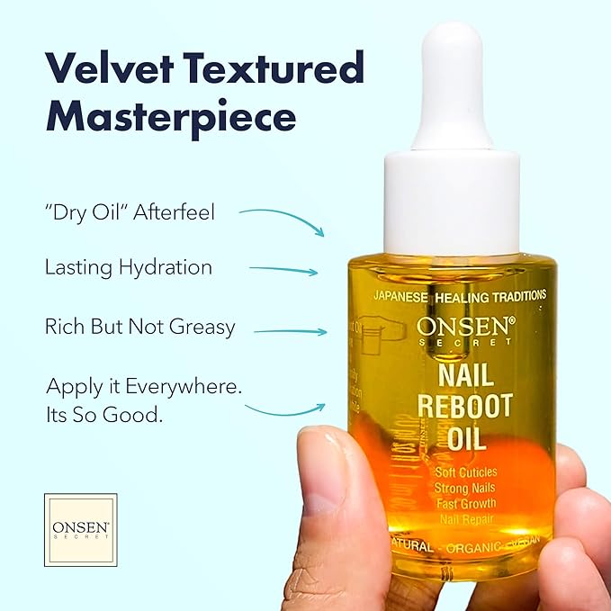 Onsen Secret Nail & Cuticle Repair Oil (30ml) - Dry Oil Formula - Japanese Tsubaki, Tea Tree & Jojoba - Strengthens Nails, Repairs Cuticles, Hydrates Skin & Hair - Natural & Vegan