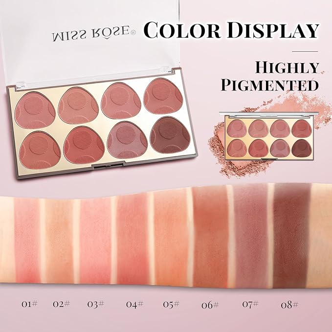 8 Colors Blush Palette, Smooth Blendable Powder Blush, Buildable Facial Cheek Blusher, Matte Blush Palette Makeup For Women, Waterproof Long-lasting Makeup Palette with Brush