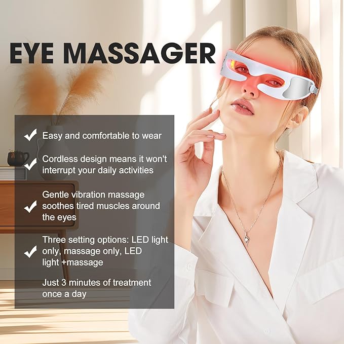 LED Red Light Therapy Eye Device, 3 Modes Red Light Eye Mask with Multi-Frequency Vibration + Red Light Therapy Massager Stick for Body and Face