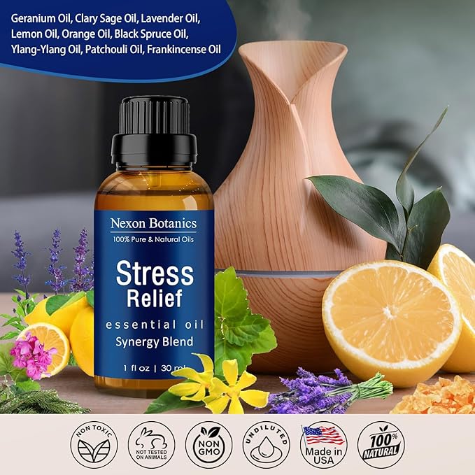Stress Relief Essential Oil Blend 30 ml - Stress Relief & Calm Essential Oil for Diffusers & Aromatherapy - Promotes Relaxation & Sleep - Nexon Botanics
