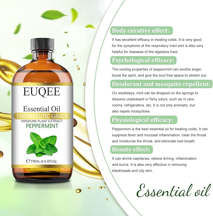 Peppermint Essential Oil 118 ml Pure Peppermint Oil with Glass Dropper for Aromatherapy, Diffuser, Soap Candle Making - 4Fl. Oz