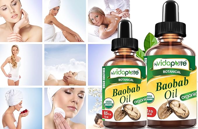 MYVIDAPURE Organic BAOBAB OIL Certified Organic 100% Natural Pure VIRGIN UNREFINED. 1 Fl.oz.- 30 ml. For Skin, Face, Hair, Lip and Nail Care