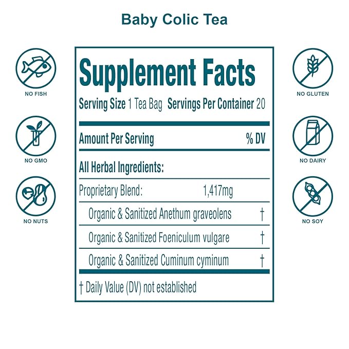 Secrets Of Tea Baby Colic Tea for Gas, Acid Reflux Relief, Tummy, and Sleep - Natural USDA Organic Caffeine-Free Herbal Calming Tea for Babies and Newborns - Up to 40 Servings - 20 Count(1 Pack)