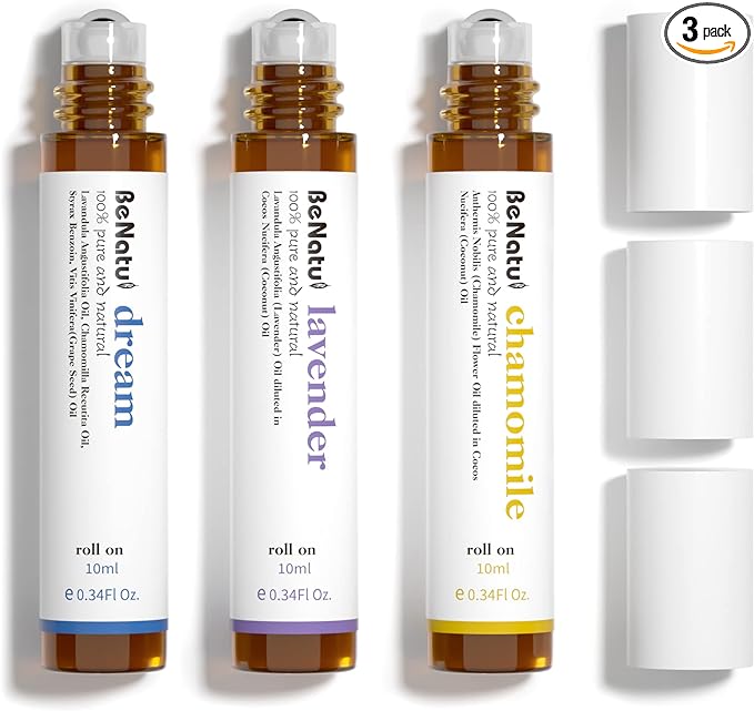 Benatu Essential Oil Roll On Set (Dream, Lavender, Chamomile), Aromatherapy Roller for Massage, Body Skin Care, Home - Natural Fragrance Gift for Women and Men