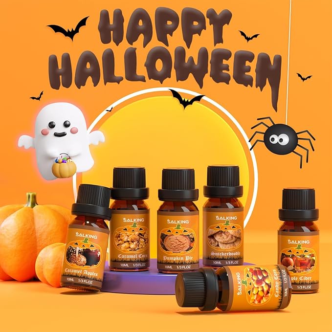 SALKING Halloween Fragrance Oils, Premium Essential Oils for Diffuser, Scented Oils Gift Set for Soap Candle Making - Pumpkin Pie,Caramel Apples,Candy Corn, Snickerdoodle, Caramel Corn, Apple Cider