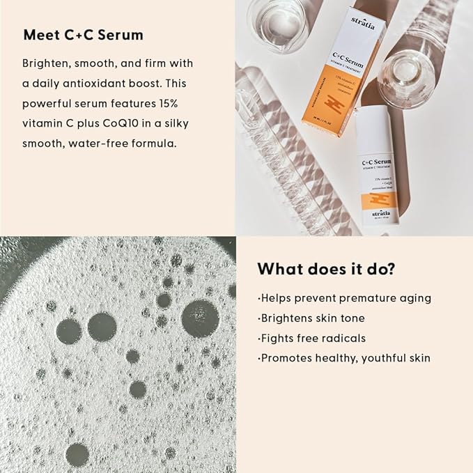 Stratia C+C Vitamin C Serum – 15% Potent Formula with 10% L-Ascorbic Acid for Bright, Even-Toned Skin - Non-Irritating, Water-Free Antioxidant Face Cream, 1 Fl Oz