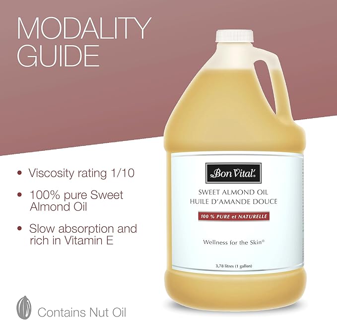 Bon Vital' Sweet Almond Oil Skin & Hair Moisturizer & Gentle Massage Oil, Carrier Oil for Diffusers, Improve Hair Texture and Hydrate Skin, 100% Pure Massage Therapy Oil, 1 Gallon