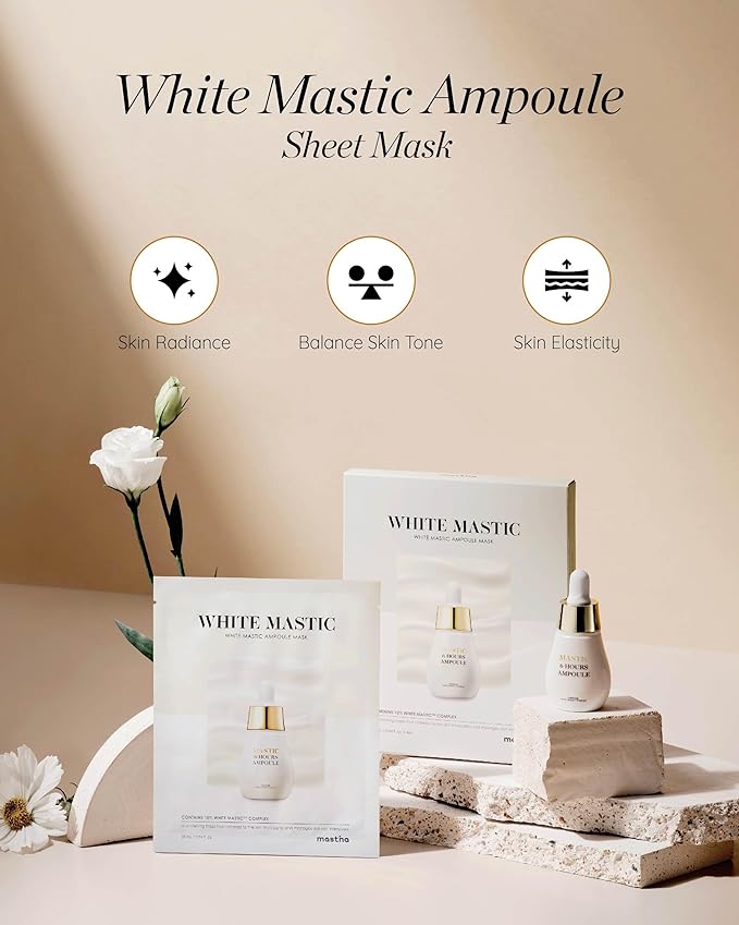 MASTINA White Mastic Ampoule Sheet Mask Pack of 12- Illuminating. Ultra-Moisturizing Facial Mask. Intensive Korean Skin Care. Fermented Mastic Gum