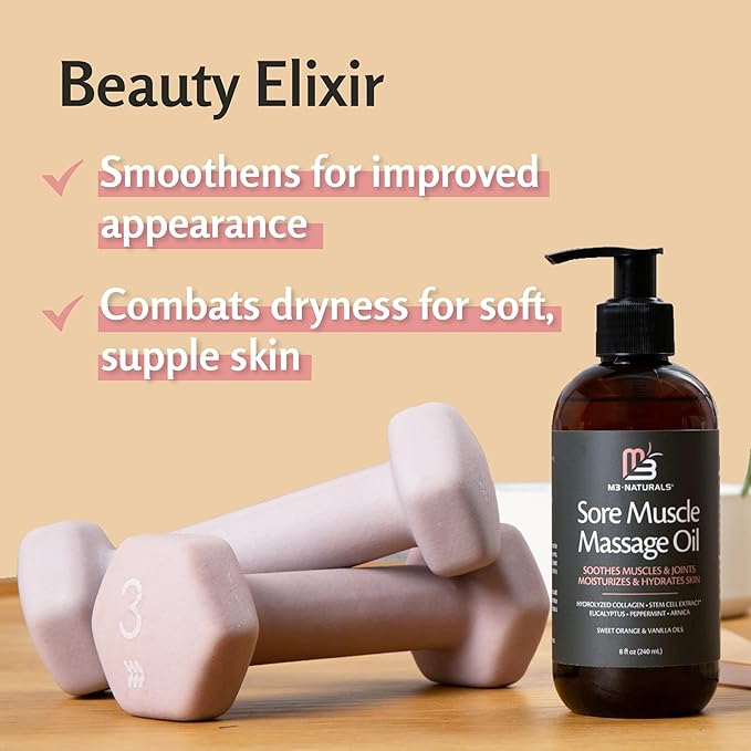 M3 Naturals Arnica Sore Muscle Massage Oil with Collagen, Stem Cells, and Menthol, Anti-Cellulite Therapy for Full Body, Fast-Absorbing Multipurpose Treatment