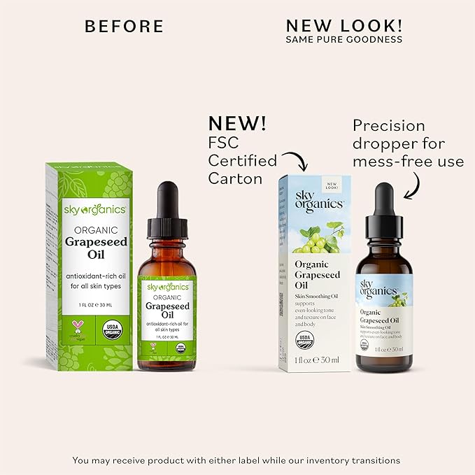 Sky Organics Organic Grapeseed Oil, Skin Smoothing Oil To Support Healthy and Even-Looking Skin Tone and on Face and Body, Suitable for All Skin Types, 100% Pure & Cold-Pressed 1 Fl Oz
