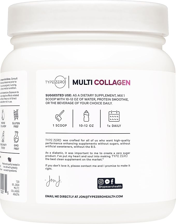 Type Zero Multi Collagen Powder 30 Servings (Unflavored) - Types I, II, III, V, & X Collagen Peptides + Hyaluronic Acid, VIT C, Biotin
