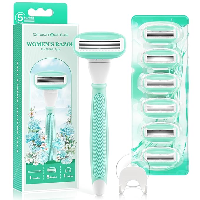 DreamGenius Razors for Women Include 1 Non-Slip Handles and 7 Blade Refills with a Shower Holder, 5 Premium Blades Women's Razors for Shaving with 360° Lubrication Reduces Irritation, Green
