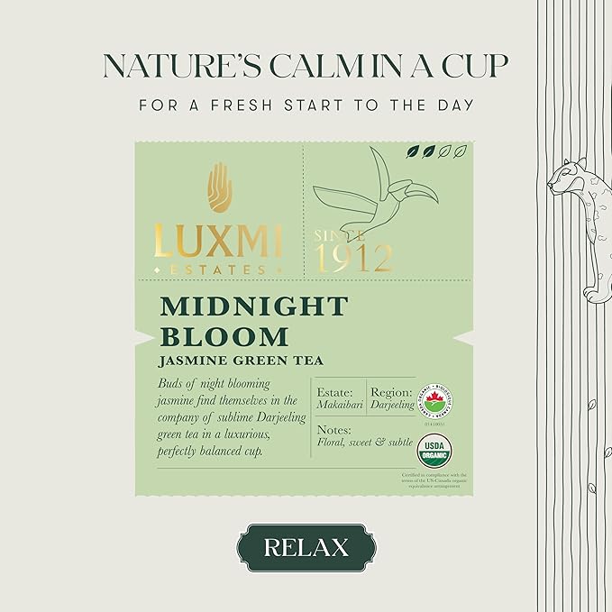 Luxmi Estates - Midnight Bloom - Organic Jasmine Tea - 50 Tea Bags | With Organic Jasmine Buds and Premium Darjeeling Green Tea | Natural Aid to Relieve Stress, Anxiety and Sleep Problems