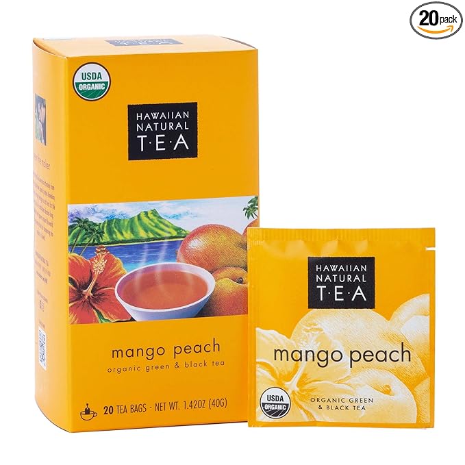 Hawaiian Natural Tea Mango Peach Flavored Organic Tea - Tropical Fruit Green and Black Tea Blend - Perfect Daily Cup & Gift for Special Occasions - 20 Tea Bags