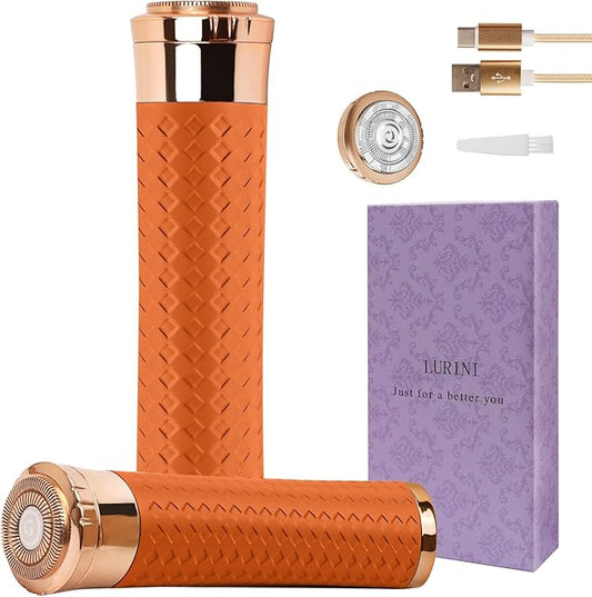 Facial Hair Remover for Women, Painless Rechargeable Hair Removal Device, Comes with 2 Replacement Heads, Portable Electric Shaver/Razors for Face, Chin, Upper Lip, arms (Orange)